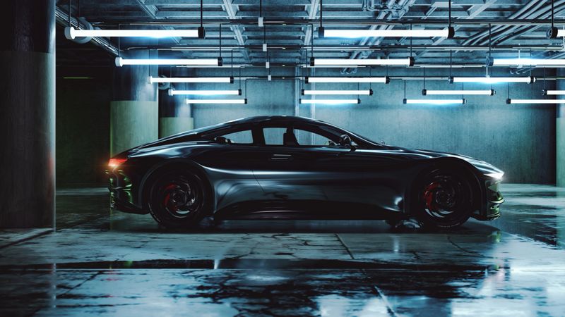 Empty garage with modern sports car. Vehicle is generic and not based on any real (or concept) model/brand. 3D generated image.