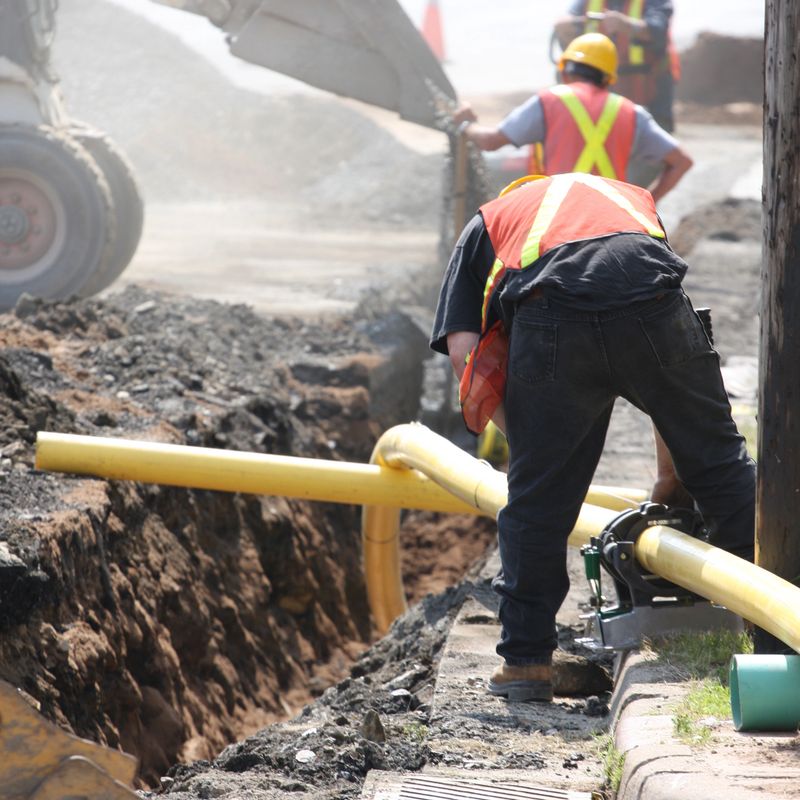Installation of a natural gas pipeline under a city street.