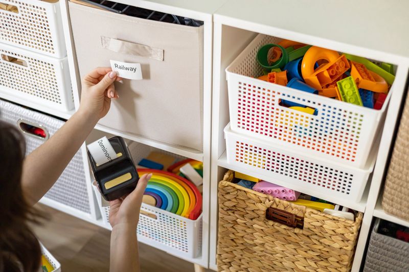 Woman mother applying paper sticker with name title on basket container clean out of childish toys comfortable storage. Female housewife organizing domestic space for kids use print mark tag