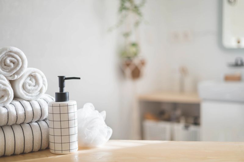 Bath spa soap rolled towels washcloth on wooden tabletop at sunny bathroom blurred background. Washing body care hygiene resort hotel domestic apartment merchandise advertising showcase design