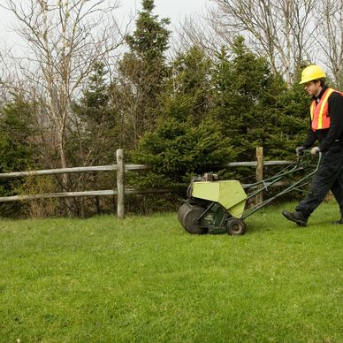 Worker in safety gear using a lawn mower on green grass.