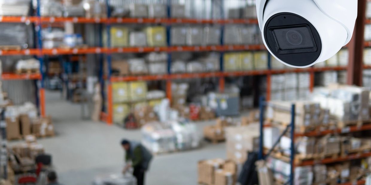 Security camera monitoring a busy warehouse with stacked boxes and a worker.