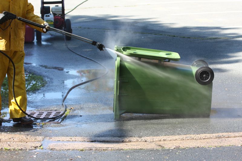 Sanitation worker uses a power washer to clean a compost recycling green bin.