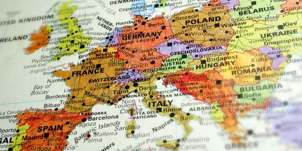 Close-up map of Europe highlighting countries and major cities.
