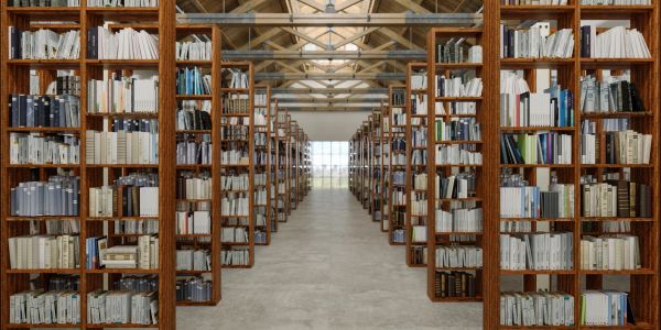 Vintage library with old books and a laptop for research.