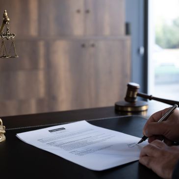 Person signing a legal document in an office.