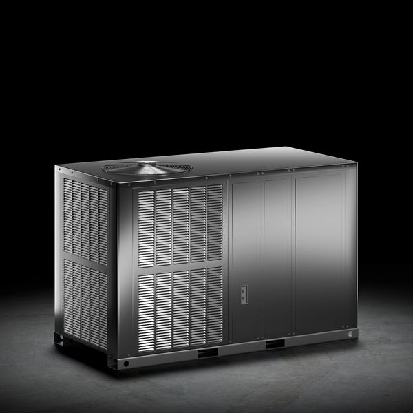 A modern packaged HVAC unit or air conditioner on a dark background.