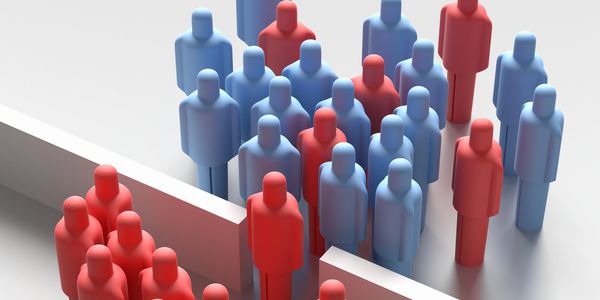 Red and blue figures separated by a barrier, symbolizing division or separation.