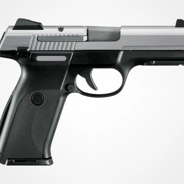 Side view of a semi-automatic pistol.