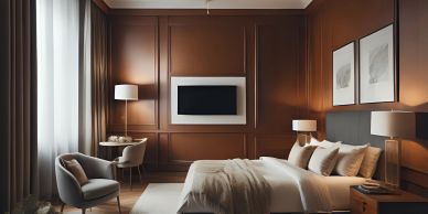 Cozy bedroom with wooden walls and modern furnishings.