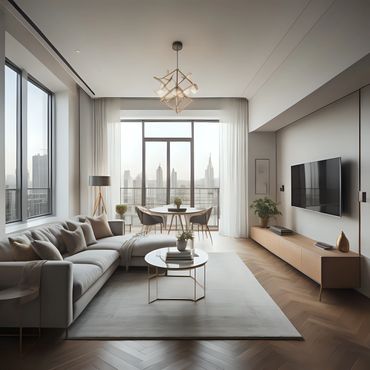 Modern living room with large windows, gray sofa, and stylish decor.
