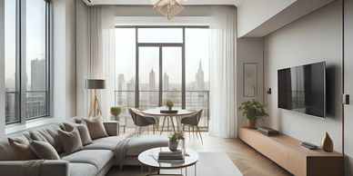 Modern living room with large windows and city skyline views.