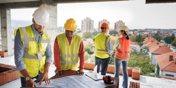 Construction workers reviewing blueprints on a building site with a city view.