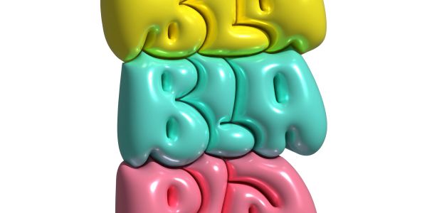 Colorful 3D bubble letters stacked vertically on a white background.
