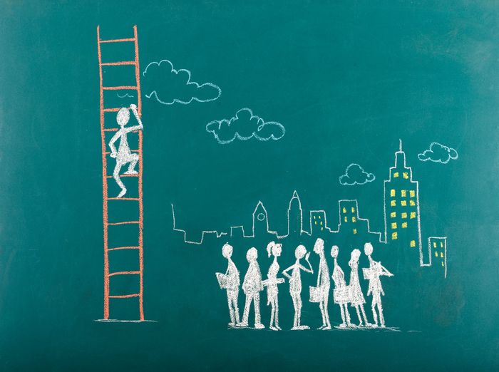 Chalk drawing of a person climbing a ladder while others watch against a city skyline.