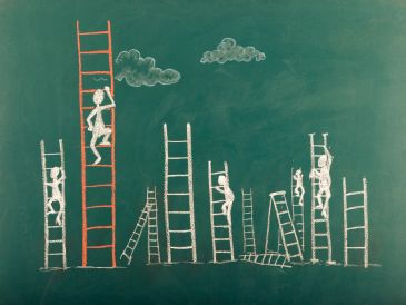 Drawings of people climbing chalk ladders with one red ladder.