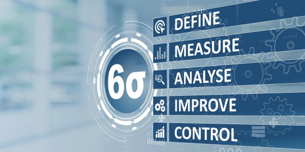 Six Sigma methodology steps listed with icons.