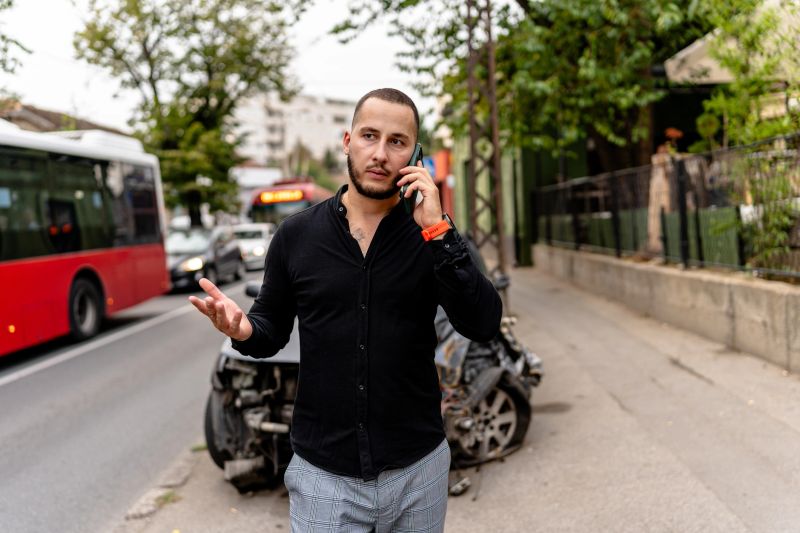 A young man takes a moment to report damage on his car using his mobile phone