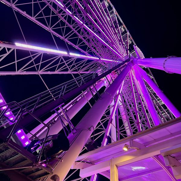 National Harbor Capital Wheel illuminated at night near major convention venues.