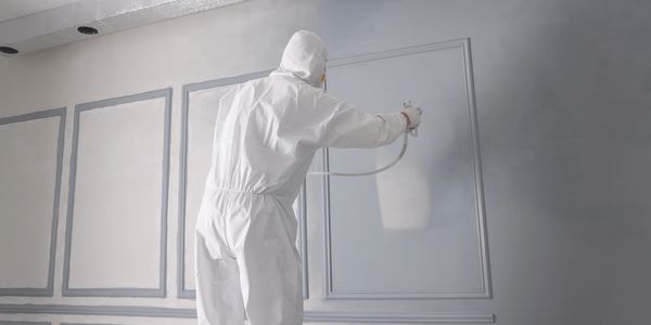 Person in protective suit spray painting a wall indoors.
