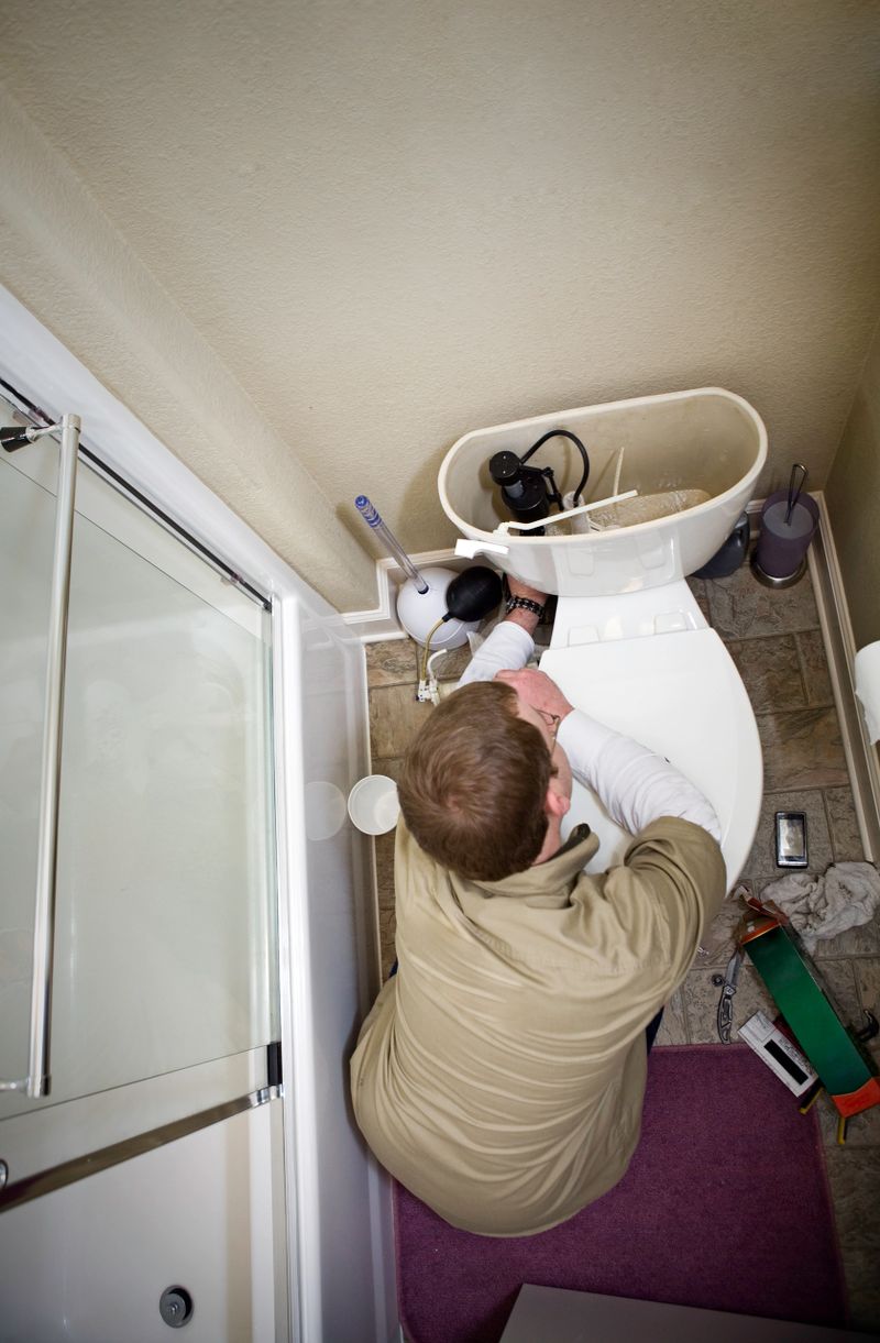 A high angle view of a man working to repair a broken toilet.  Vertical with copy space.