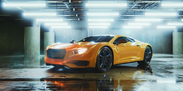 Sleek orange sports car in a shiny, modern garage with bright lighting.