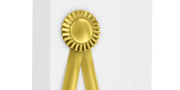 Shiny gold award ribbon with rosette on white background.