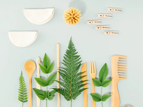 Eco-friendly bamboo utensils and green leaves arranged with cloth pads and wooden clips.