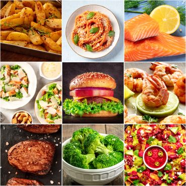 A collage of various appetizing foods including fries, pasta, salmon, salad, burger, shrimp, steak, broccoli, and nachos.