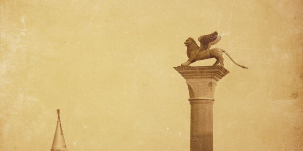 Winged lion statue atop a classical column against a sepia sky.