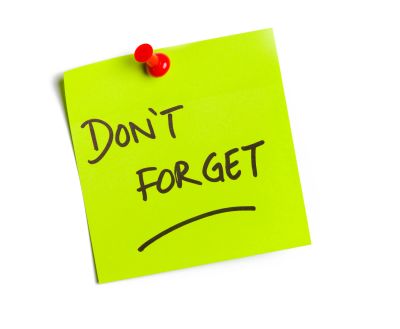 Green sticky note with 'DON'T FORGET' reminder.