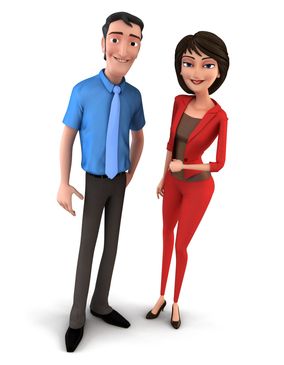 Cartoon man and woman standing and smiling, dressed in business attire.