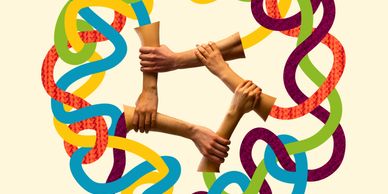 Four hands grasping each other forming a square surrounded by colorful interwoven ribbons.