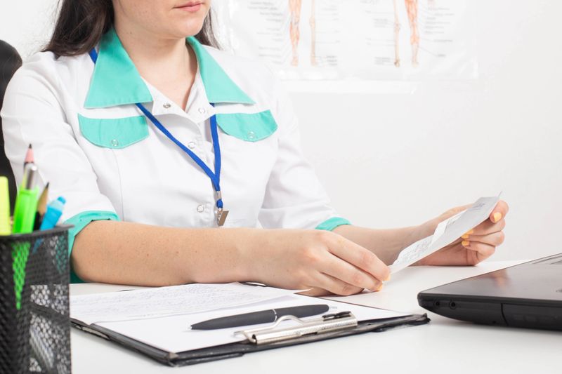 A woman doctor holds a sick leave certificate in her hands in the office of a medical center. The concept of issuing sick leave by doctors, certificate