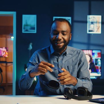 Man adjusting headphones at a desk in a cozy, modern room.