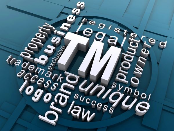 3D word cloud focusing on trademark and business concepts.