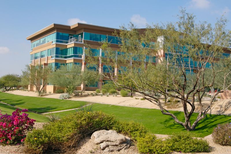 Desert landscaping and flood control basin covered with green grass adorns a blue glass luxury business building