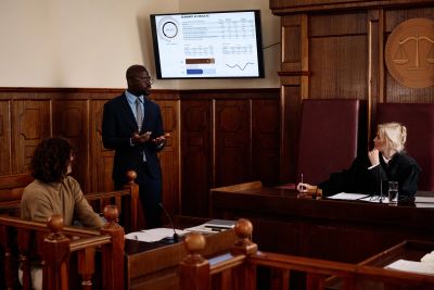 Lawyer presenting evidence in courtroom.