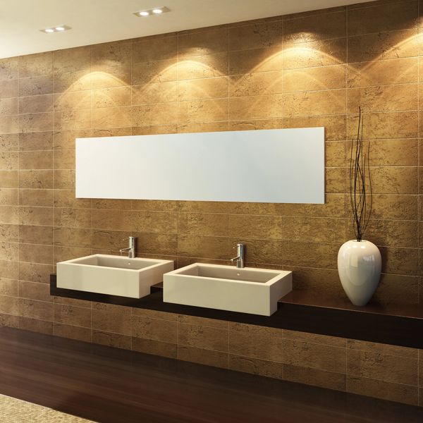Modern bathroom with two rectangular sinks and a large horizontal mirror.