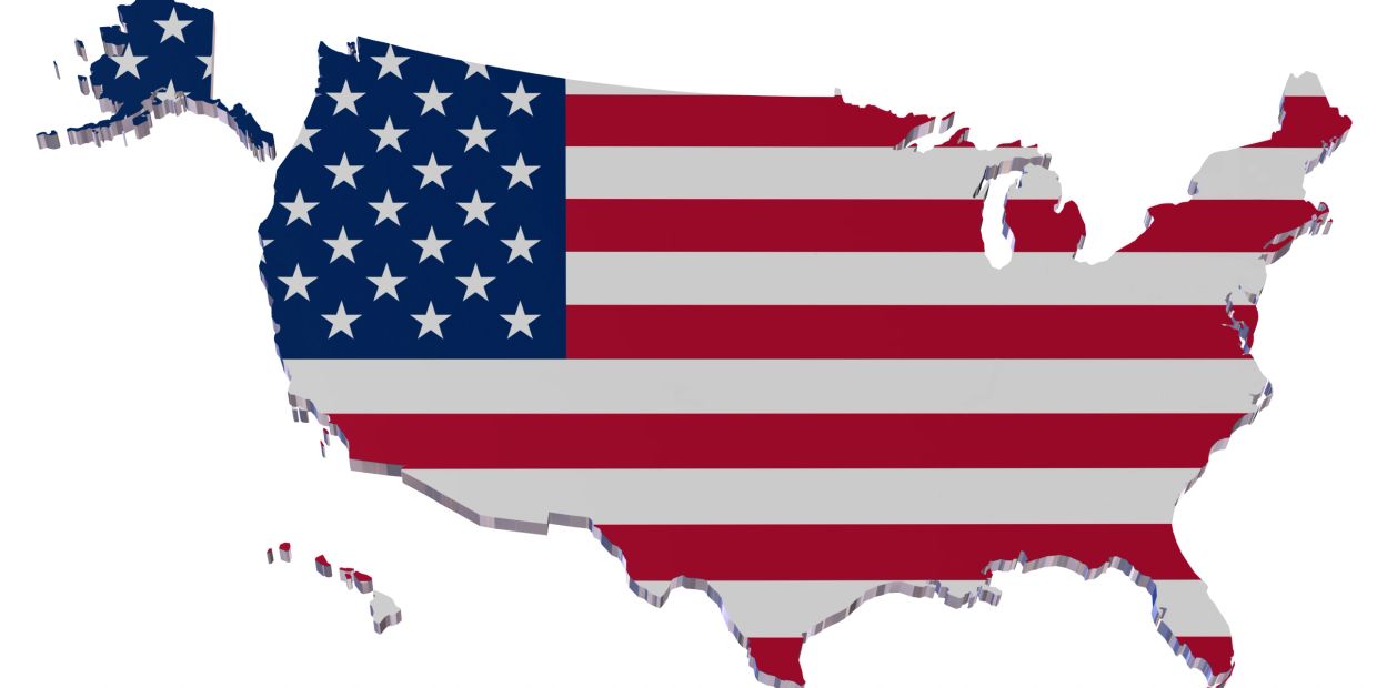 3D map of the USA with the American flag overlay.