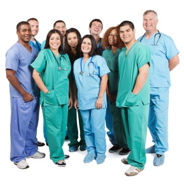 A diverse group of smiling healthcare professionals in scrubs.