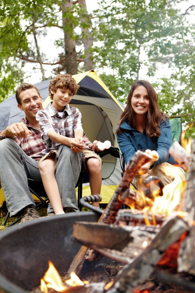 A delighted family toasting marshmallows on a fun camping trip