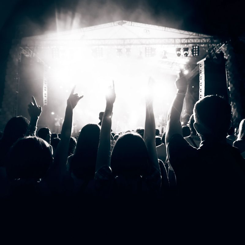 Crowd cheering and watching a band on stage, blurred motion.