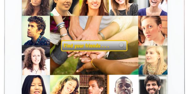 Collage of diverse faces around a search bar saying 'Find your friends...'