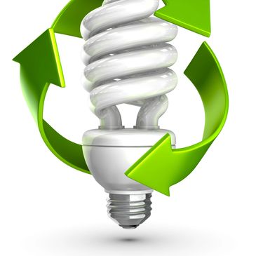 Energy-saving light bulb with green recycling arrows.
