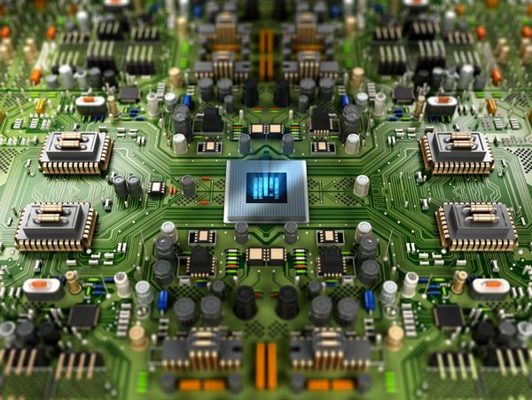 Close-up of a green circuit board with a glowing central microchip.