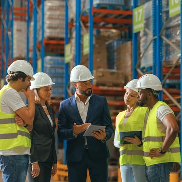 Warehouse team meeting with safety gear discussing plans.