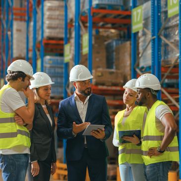 Warehouse team meeting with safety gear discussing plans.