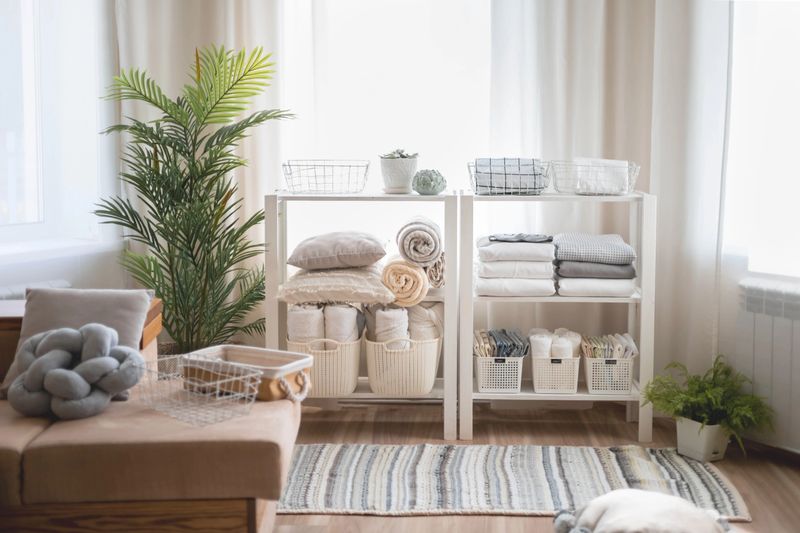 Wardrobe in the bedroom with neatly folded linen vertical storage and stacks. White interior in Scandinavian style and linen in neutral shades.