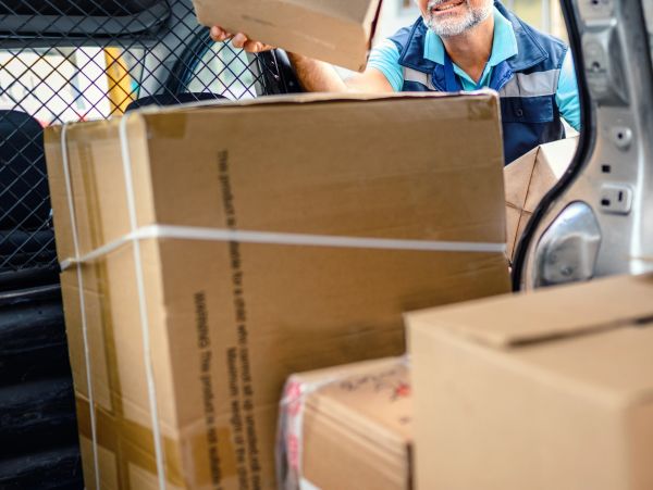 Delivery man loading packages into a vehicle for transport.